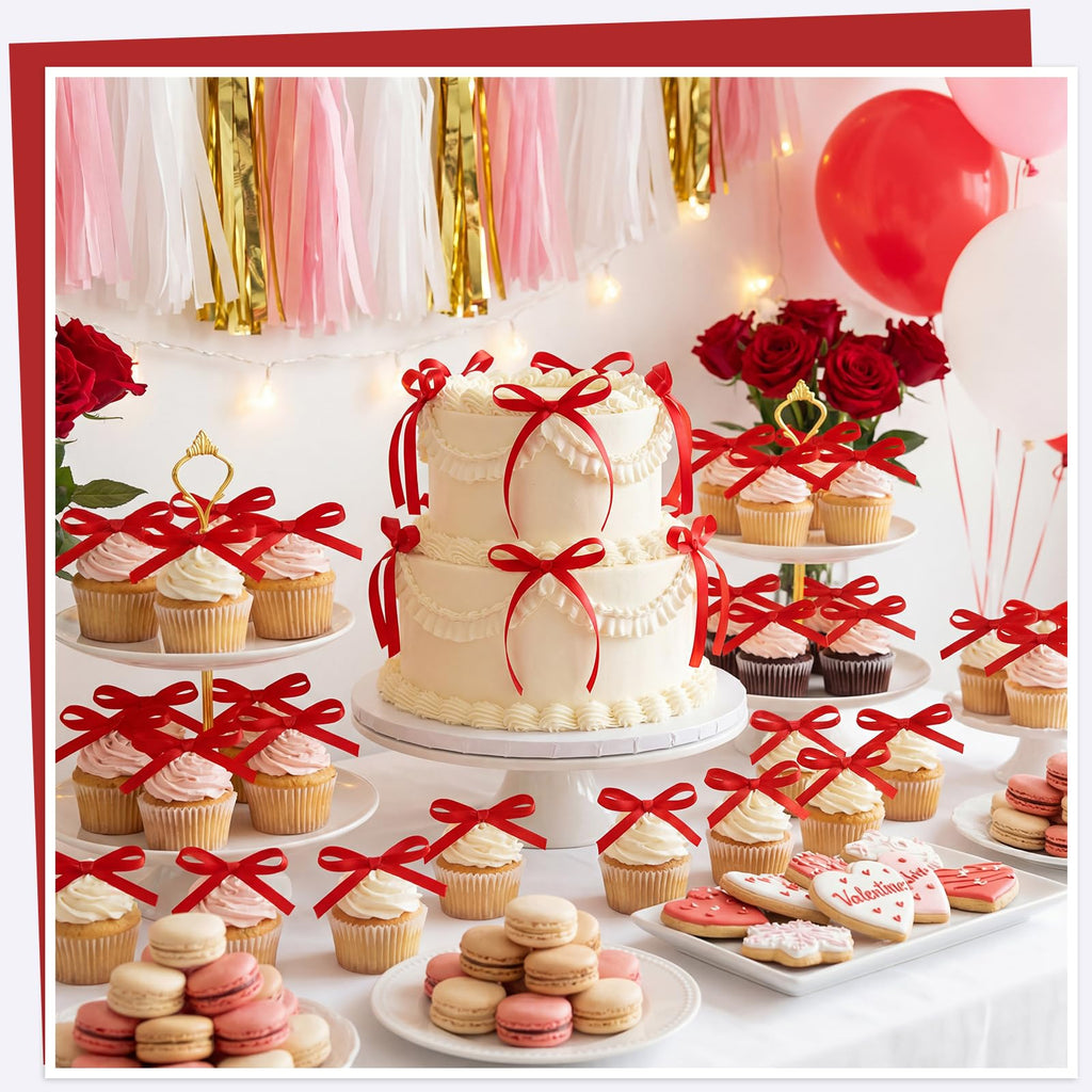30 Pack Bow Cake Toppers Pink Ribbon Bows for Cake Back to School Decor