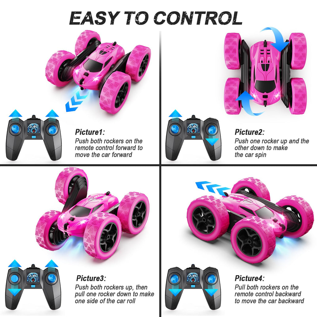 QUNREDA Remote Control Car, RC Cars Toys for Kids Ages 6-12, 4WD Stunt Car with LED Lights & 360° Flips, 2.4GHz, Upgraded USB-C Modular Batteries, 8-10 Year Old Boys Birthday Gift 1-Blue