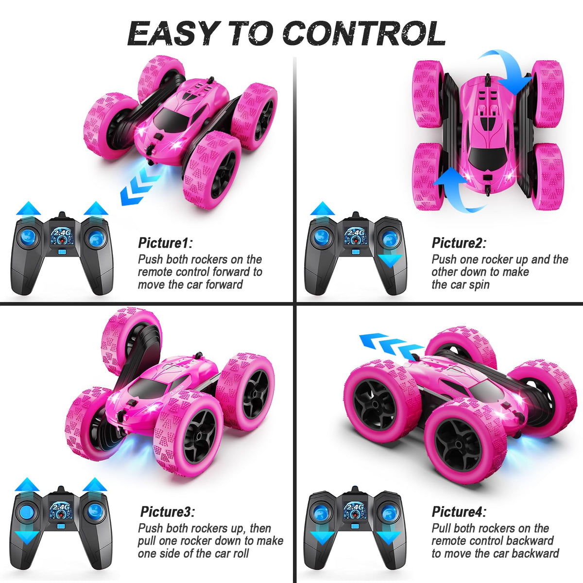 QUNREDA Remote Control Car, RC Cars Toys for Kids Ages 6-12, 4WD Stunt Car with LED Lights & 360° Flips, 2.4GHz, Upgraded USB-C Modular Batteries, 8-10 Year Old Boys Birthday Gift 1-Blue