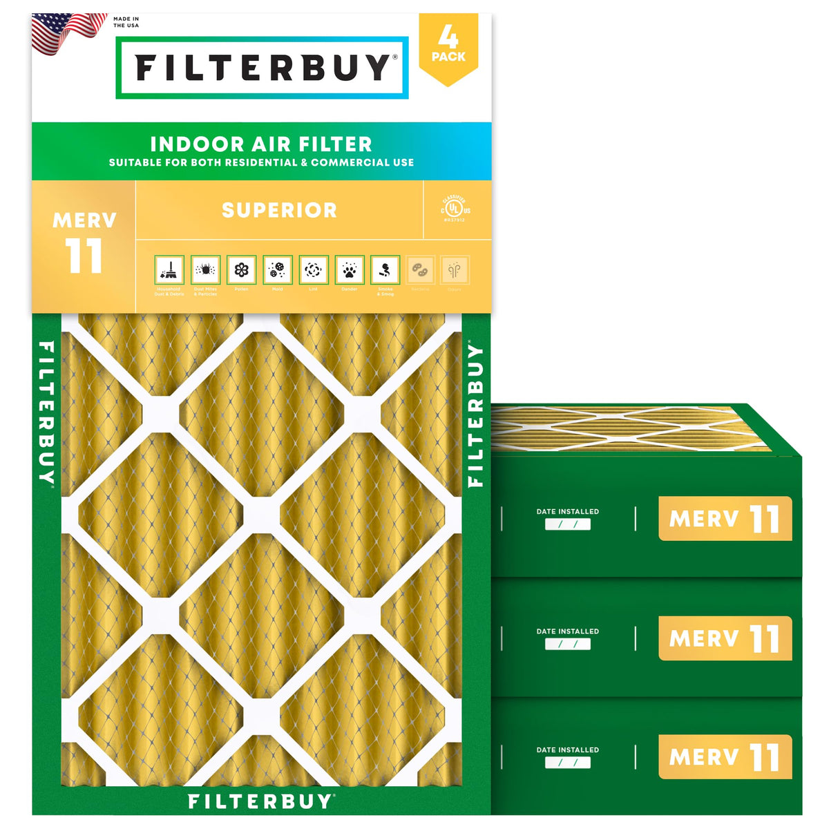 Filterbuy 20x20x1 Air Filter MERV 11 Pet & Allergy Defense (4-Pack)