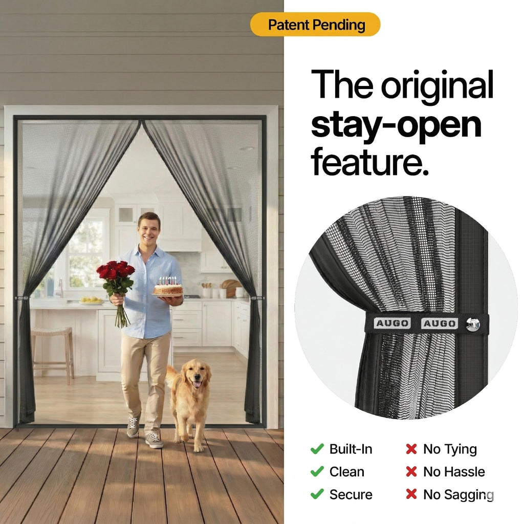 AUGO Magnetic Screen Door - Self Sealing, Heavy Duty, Hands Free Mesh Partition Keeps Bugs Out - Pet and Kid Friendly - Patent Pending Keep Open Feature - 38 Inch x 83 Inch