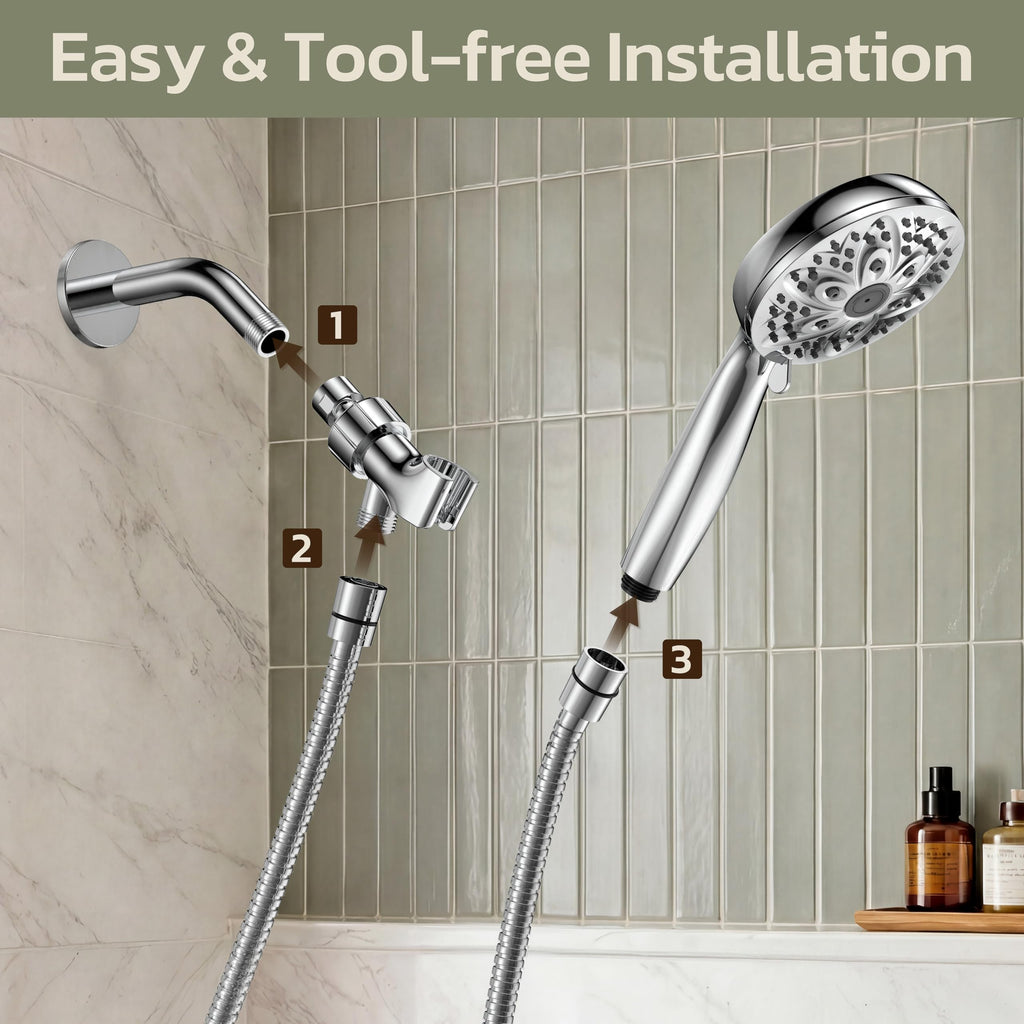 JDO High‑Pressure 6‑Setting Handheld Shower Head, 4.7 Inch Chrome Premium