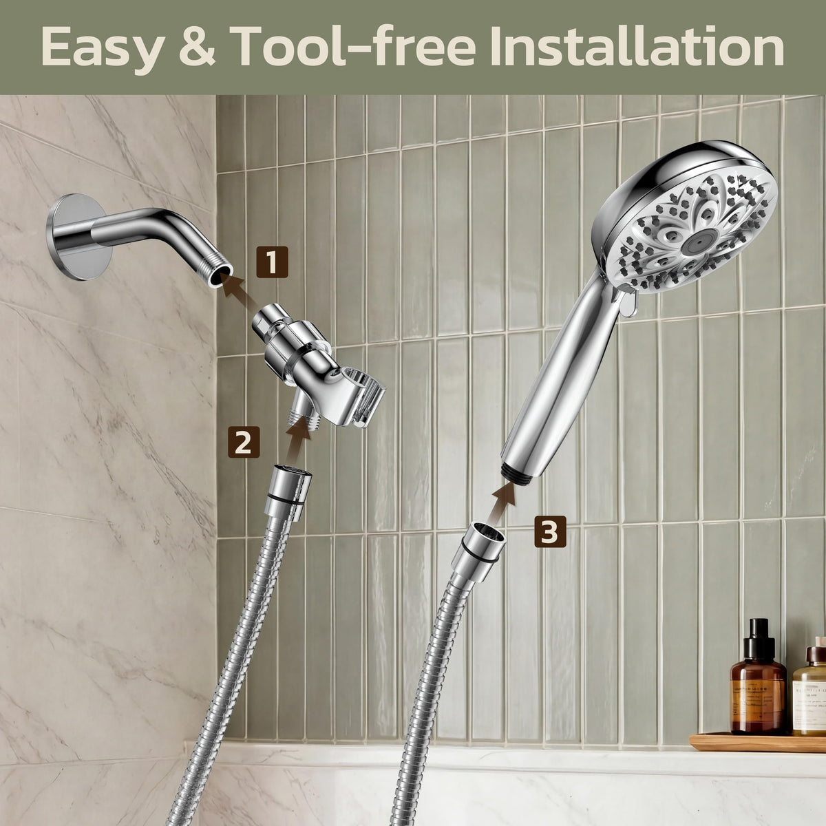 JDO High‑Pressure 6‑Setting Handheld Shower Head, 4.7 Inch Chrome Premium