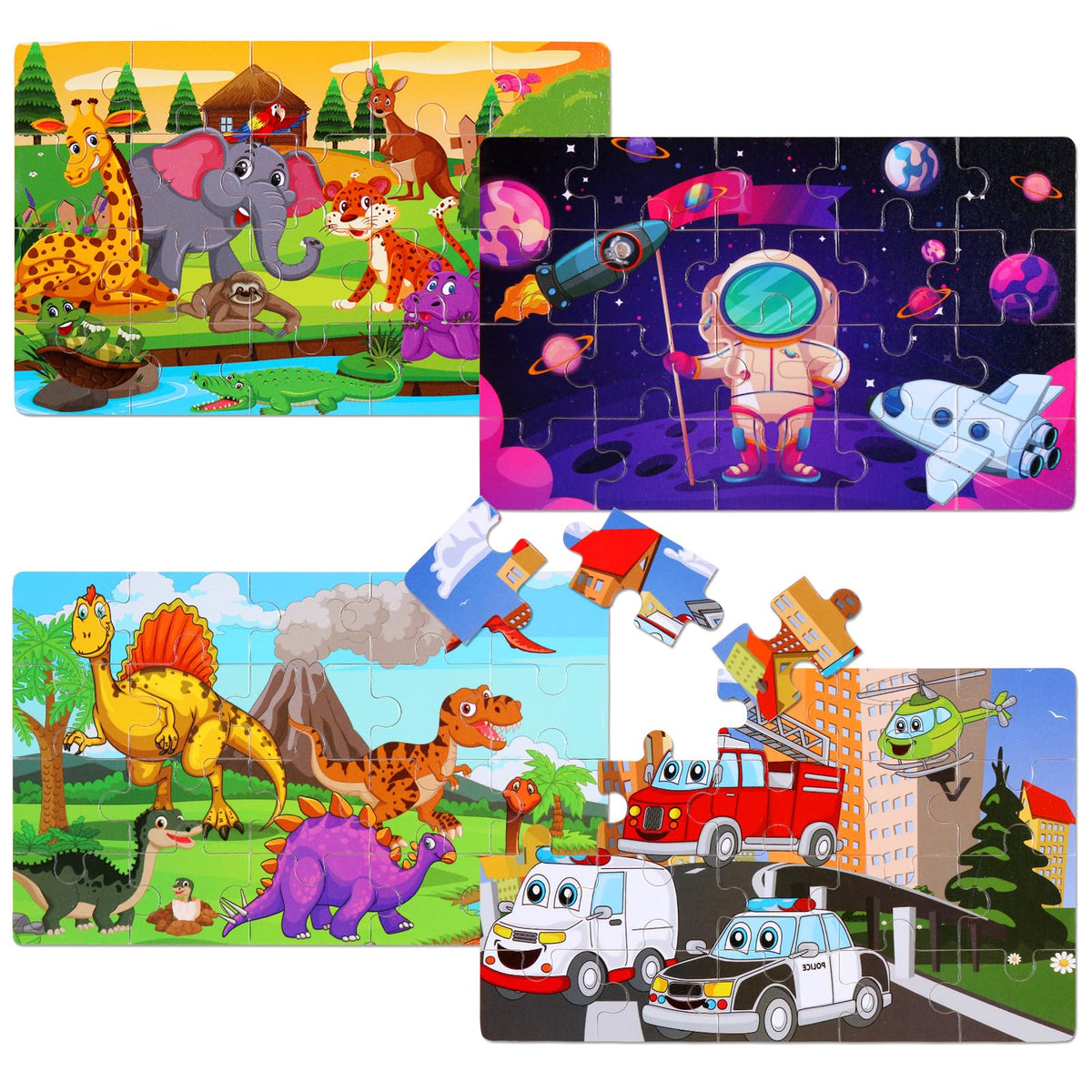 Wooden Educational Jigsaw Puzzles for Preschool Kids Ages 3-5, 4-Pack with 20 Pieces Dinosaur, Space, Transportation Wood Puzzles Set, Kids Brain Teaser Toys, Gifts for Boys Girls Ages 3 4 5 6