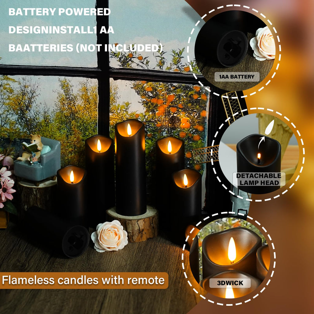 Nimiko Flameless Candles with Remote, Battery Operated Flickering Flameless Candles, LED Candles with Timer 2/4/6/8H, Realistic Drop Wax flameless Candle Set of 9 (D3 x H 3" 4" 5" 6" 7") (Black)