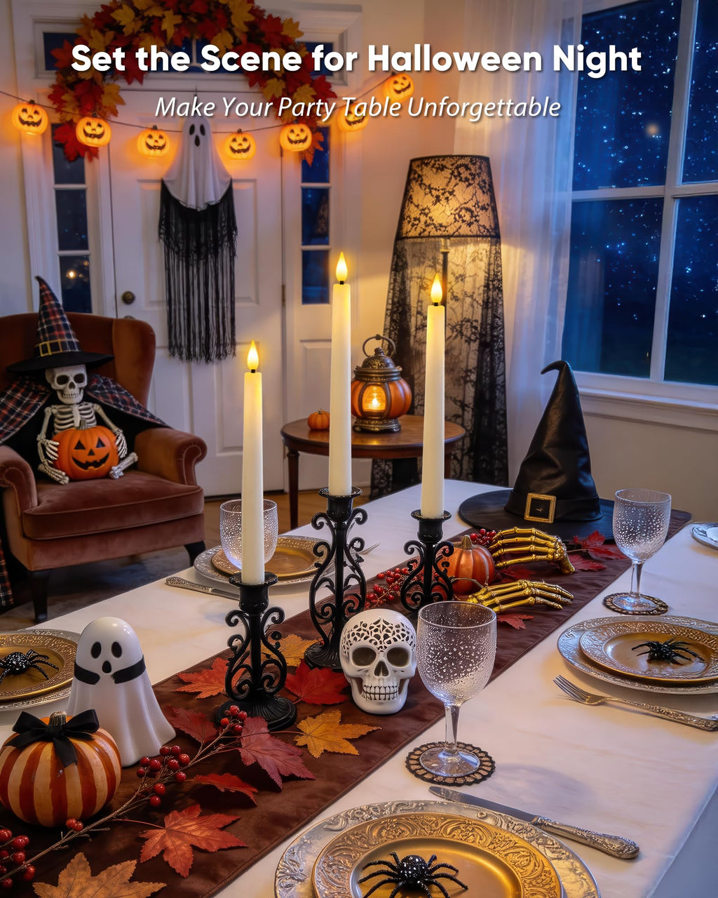 Homemory 6 Pcs Real Wax Ghost Flameless Taper Candles, 3D Wick Flickering Led Candlesticks 9.6 Inch Battery Operated with Remote & Timer, Spooky Halloween Gothic Indoor Decor