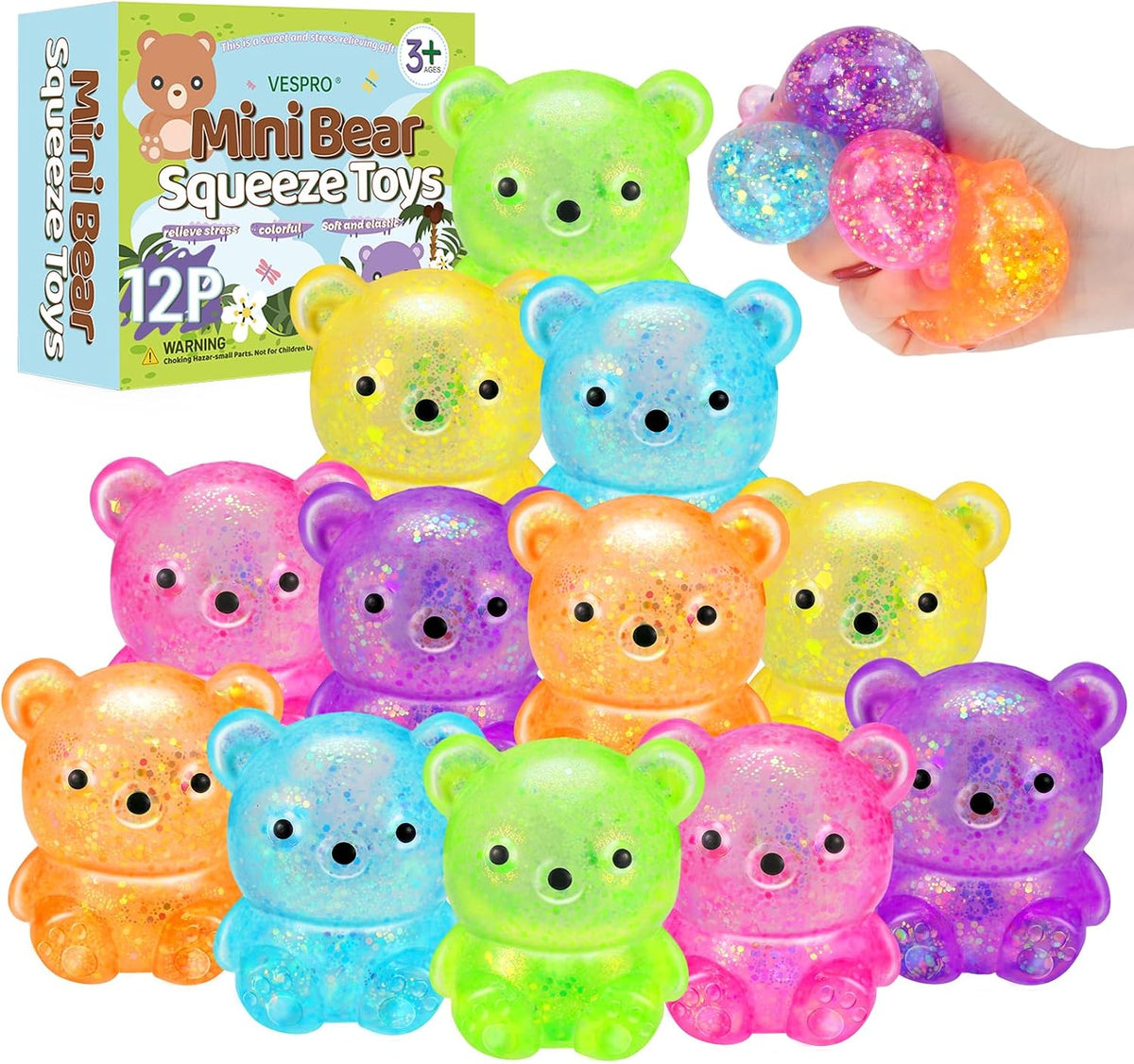 VESPRO 12Pack Fidget Toys Squishy ，Cute Bear Squeeze Ball