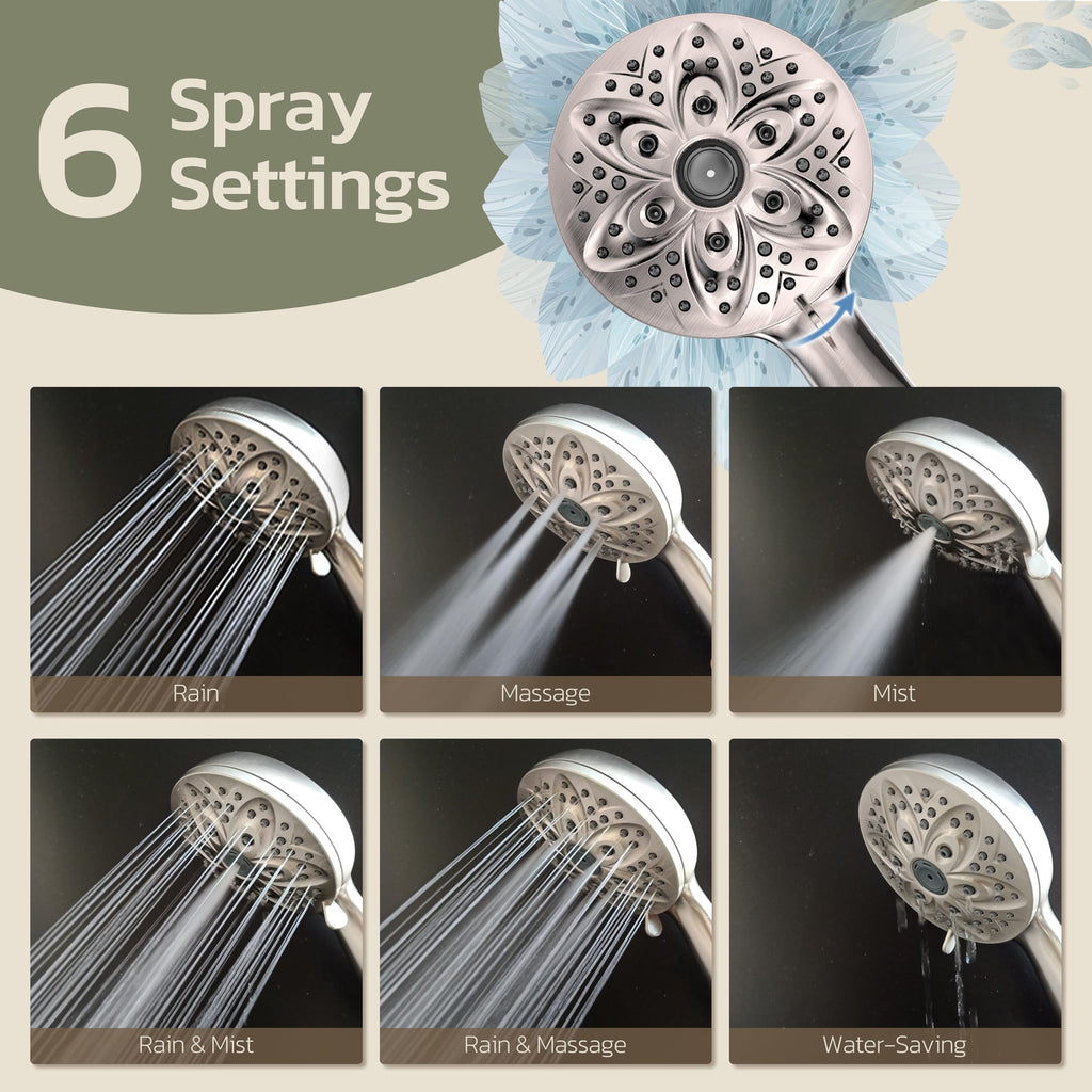 JDO High‑Pressure 6‑Setting Handheld Shower Head, 4.7 Inch Chrome Premium