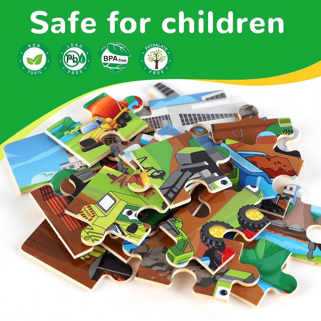 Wooden Educational Jigsaw Puzzles for Preschool Kids Ages 3-5, 4-Pack with 20 Pieces Dinosaur, Space, Transportation Wood Puzzles Set, Kids Brain Teaser Toys, Gifts for Boys Girls Ages 3 4 5 6