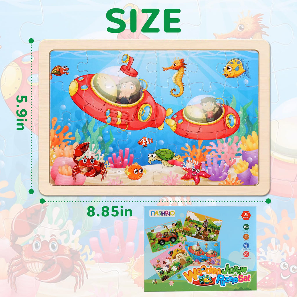 Wooden Educational Jigsaw Puzzles for Preschool Kids Ages 3-5, 4-Pack with 20 Pieces Dinosaur, Space, Transportation Wood Puzzles Set, Kids Brain Teaser Toys, Gifts for Boys Girls Ages 3 4 5 6