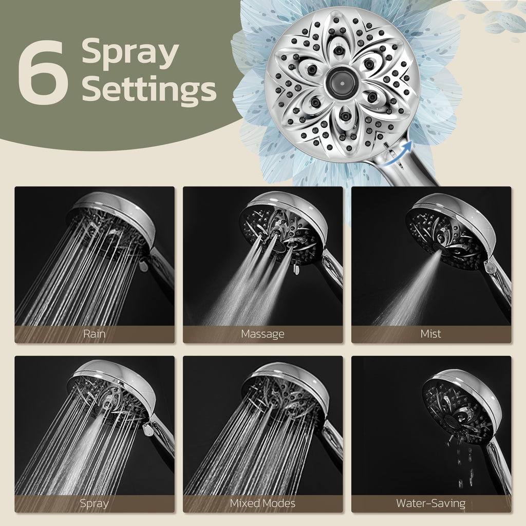 JDO High‑Pressure 6‑Setting Handheld Shower Head, 4.7 Inch Chrome Premium