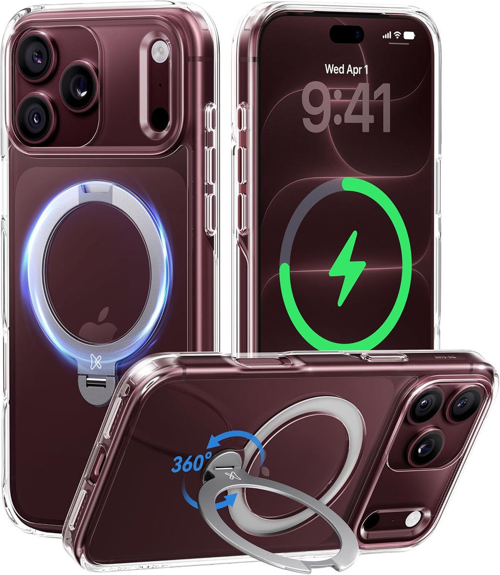 CASEKOO Glitter Clear for iPhone 18 Pro / 17 Pro Case, 360 Spin Stand