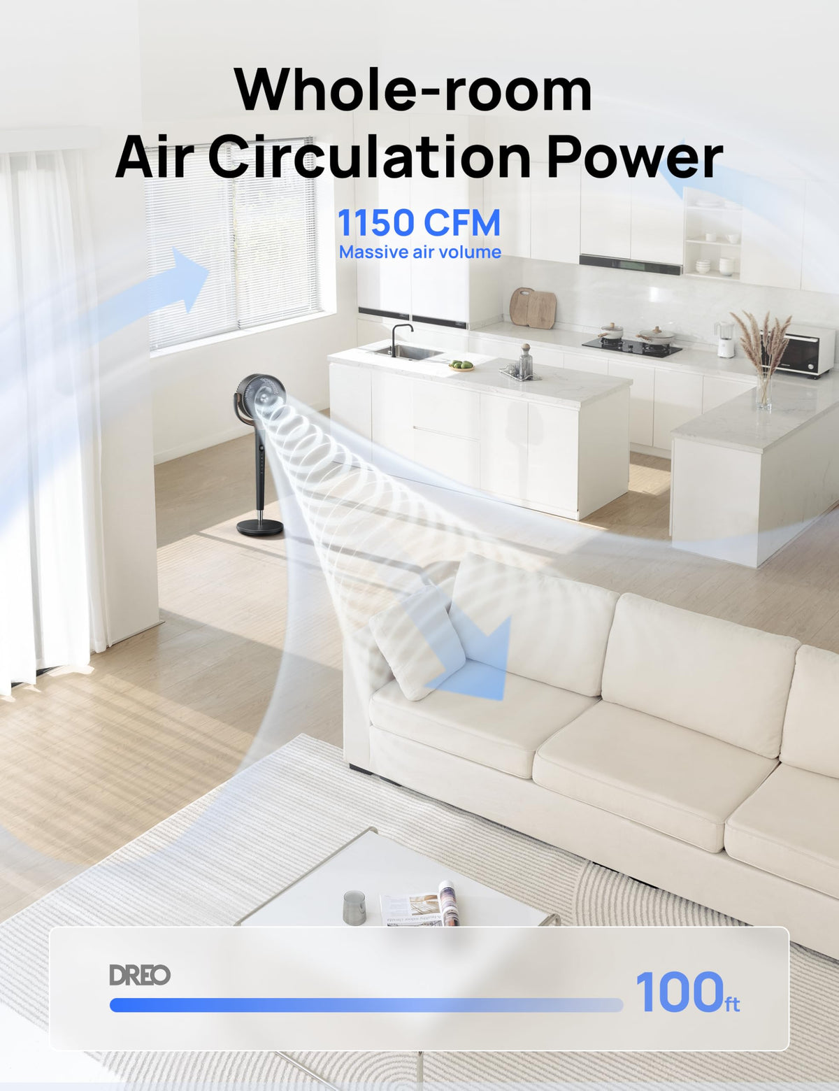 DREO Pedestal Fan for Bedroom, 100ft Airflow, Quiet DC Motor Standing Fan