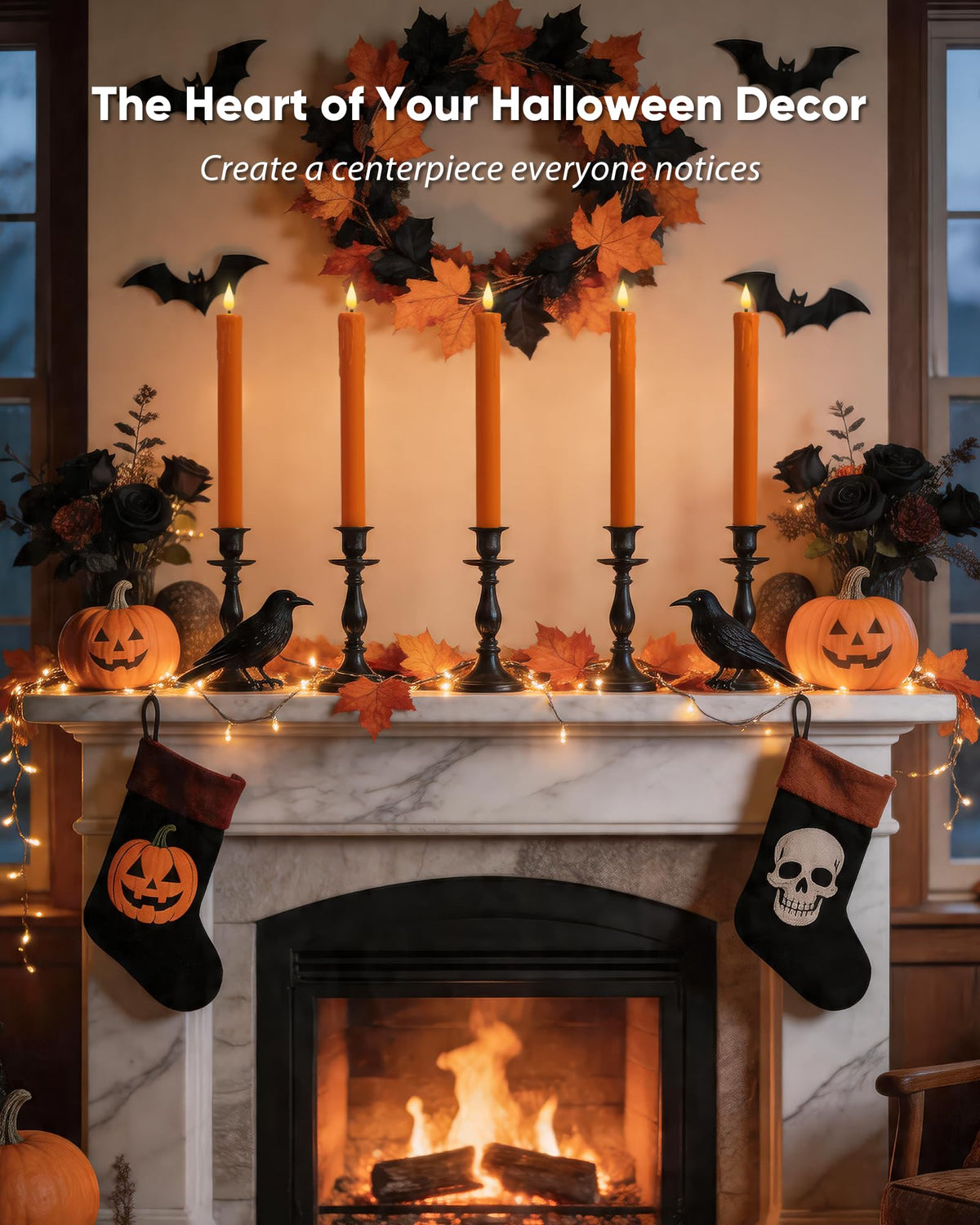 Homemory 6 Pcs Real Wax Ghost Flameless Taper Candles, 3D Wick Flickering Led Candlesticks 9.6 Inch Battery Operated with Remote & Timer, Spooky Halloween Gothic Indoor Decor