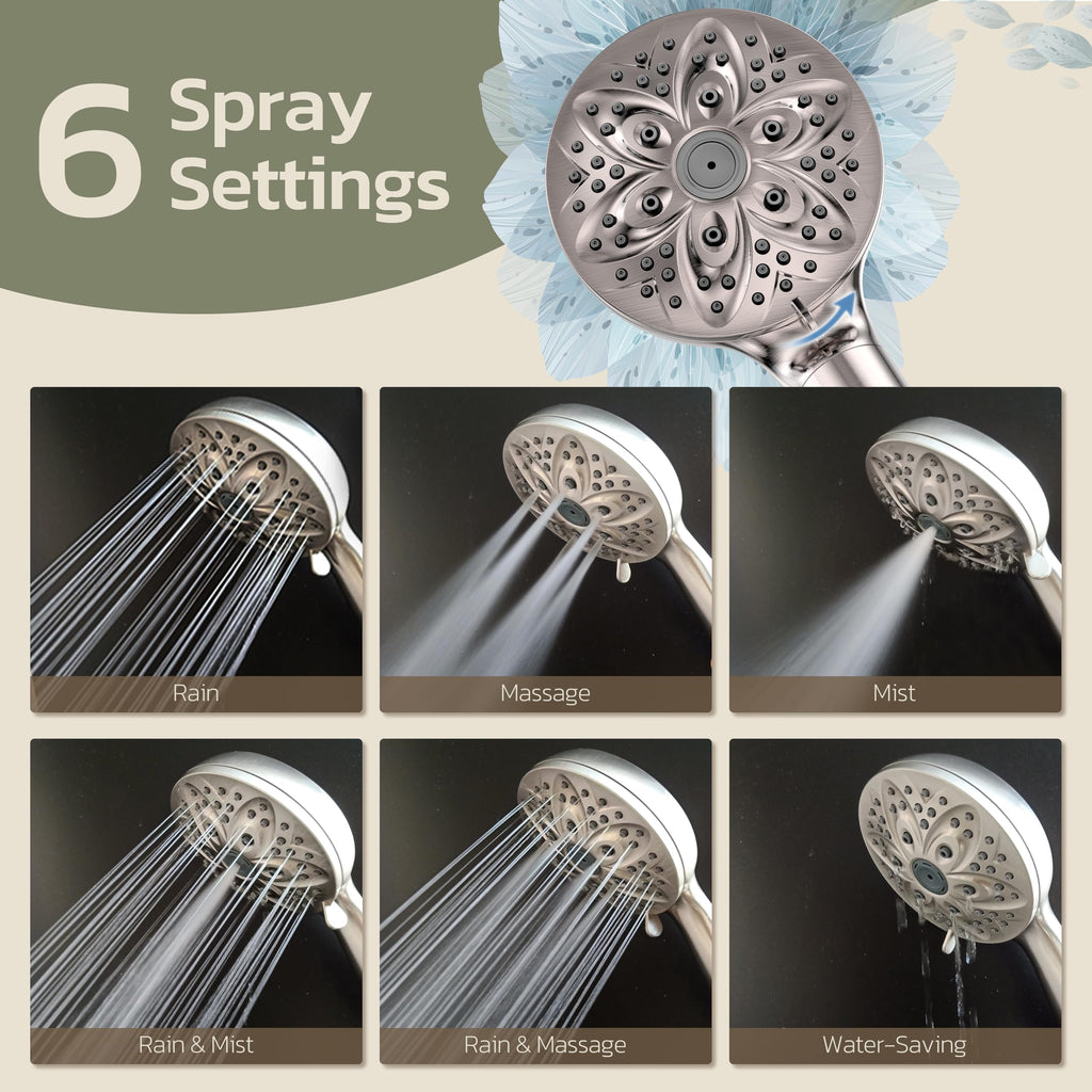 JDO High‑Pressure 6‑Setting Handheld Shower Head, 4.7 Inch Chrome Premium