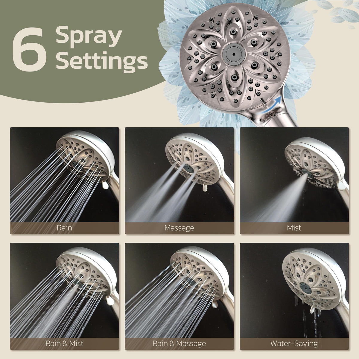 JDO High‑Pressure 6‑Setting Handheld Shower Head, 4.7 Inch Chrome Premium