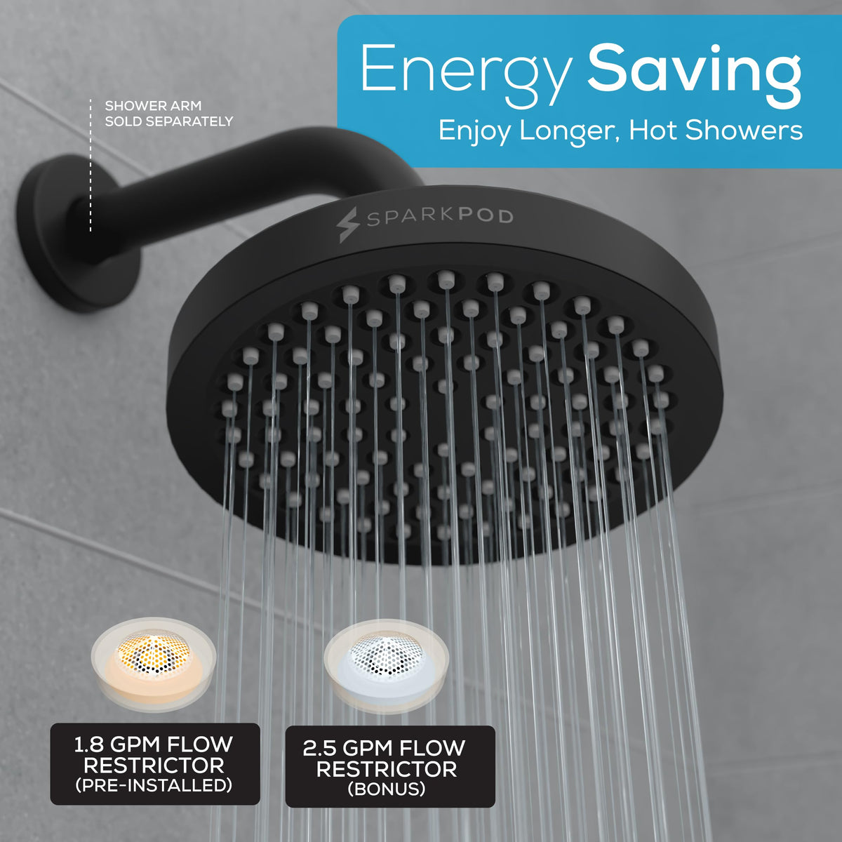 SparkPod Rain Shower Head, 6 Inch Round, Luxury Polished Chrome Finish