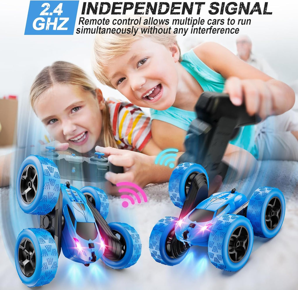 QUNREDA Remote Control Car, RC Cars Toys for Kids Ages 6-12, 4WD Stunt Car with LED Lights & 360° Flips, 2.4GHz, Upgraded USB-C Modular Batteries, 8-10 Year Old Boys Birthday Gift 1-Blue