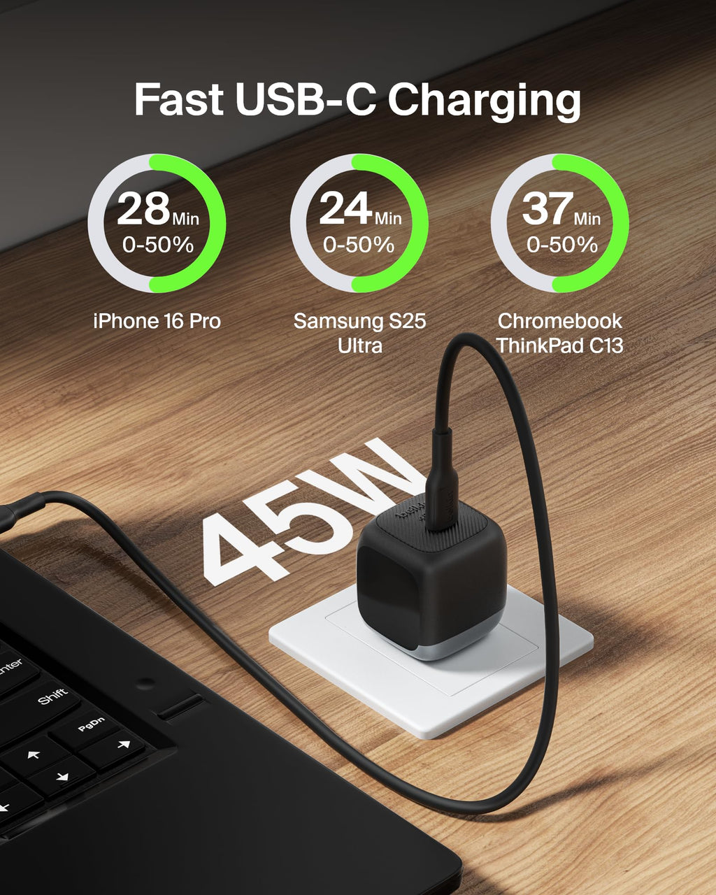 Belkin 45W Compact USB C Charger Block, Fast Charging for Travel