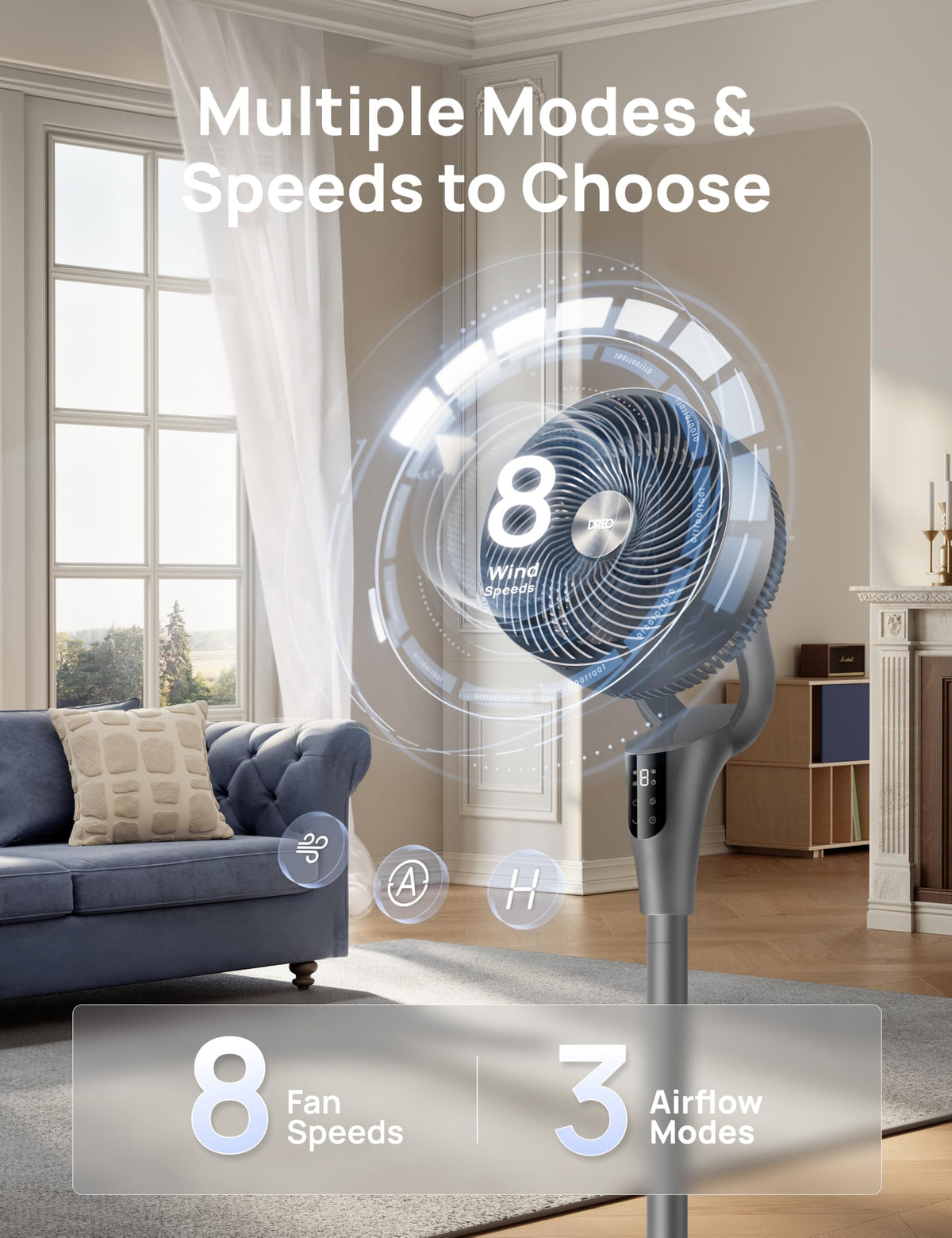 DREO Pedestal Fan for Bedroom, 100ft Airflow, Quiet DC Motor Standing Fan