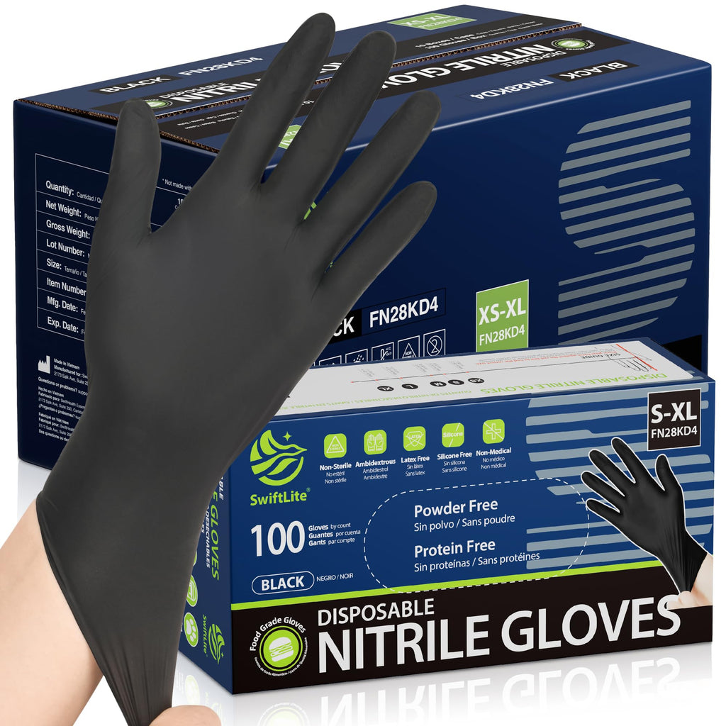 SWIFTLITE Black Nitrile Gloves Disposable Latex Free, Food Safe