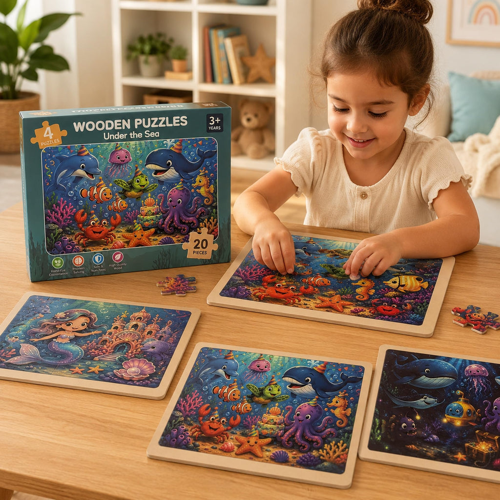Wooden Educational Jigsaw Puzzles for Preschool Kids Ages 3-5, 4-Pack with 20 Pieces Dinosaur, Space, Transportation Wood Puzzles Set, Kids Brain Teaser Toys, Gifts for Boys Girls Ages 3 4 5 6