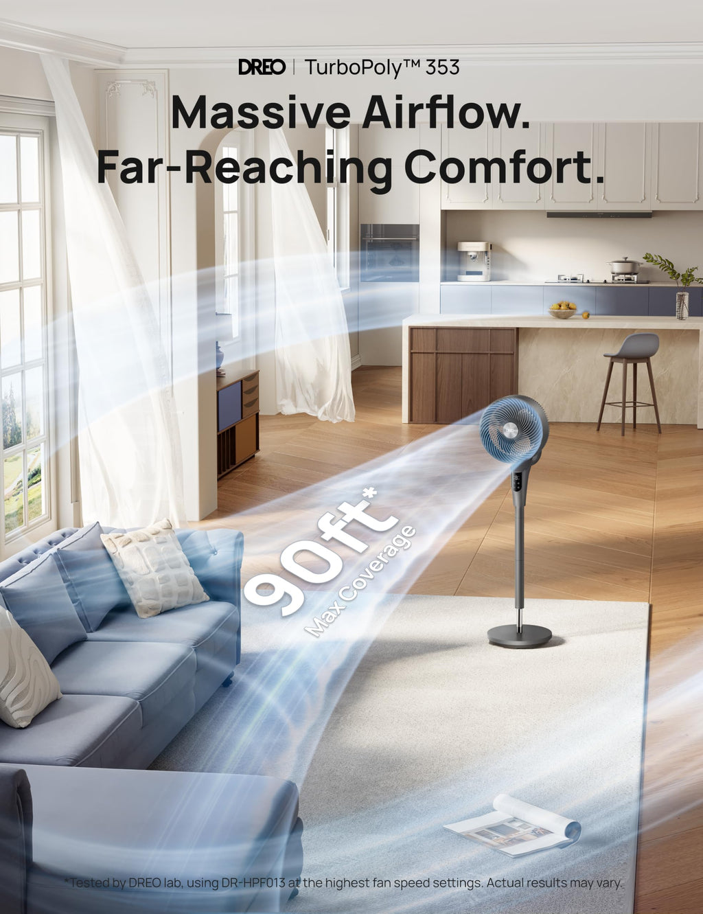 DREO Pedestal Fan for Bedroom, 100ft Airflow, Quiet DC Motor Standing Fan