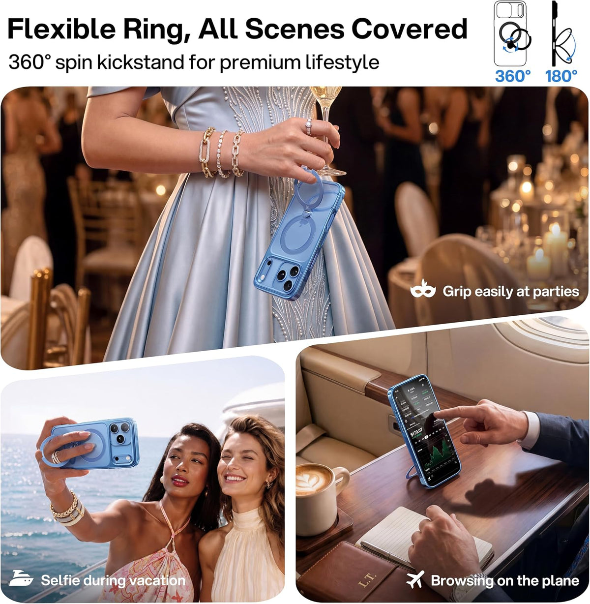 CASEKOO Glitter Clear for iPhone 18 Pro / 17 Pro Case, 360 Spin Stand