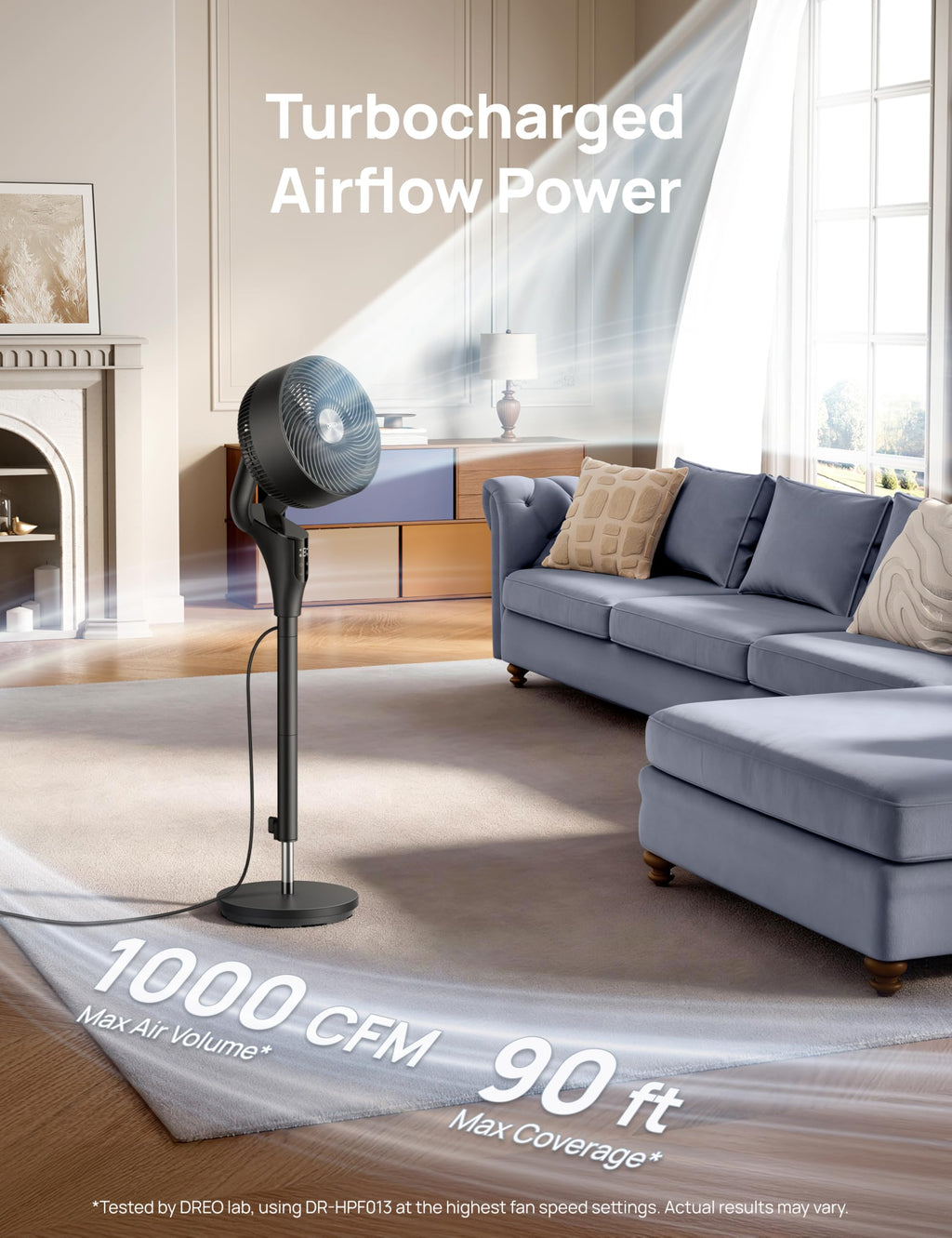 DREO Pedestal Fan for Bedroom, 100ft Airflow, Quiet DC Motor Standing Fan