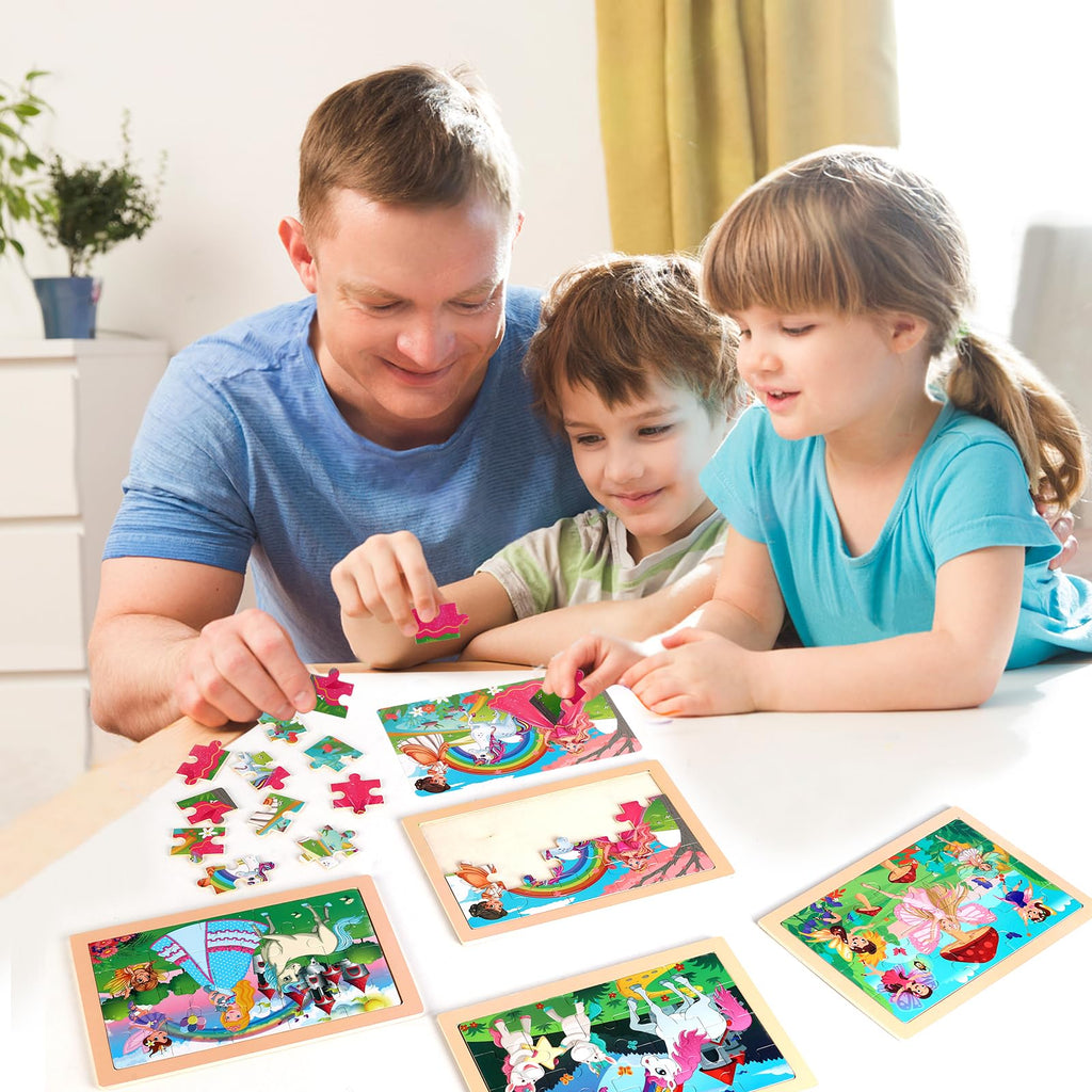 Wooden Educational Jigsaw Puzzles for Preschool Kids Ages 3-5, 4-Pack with 20 Pieces Dinosaur, Space, Transportation Wood Puzzles Set, Kids Brain Teaser Toys, Gifts for Boys Girls Ages 3 4 5 6