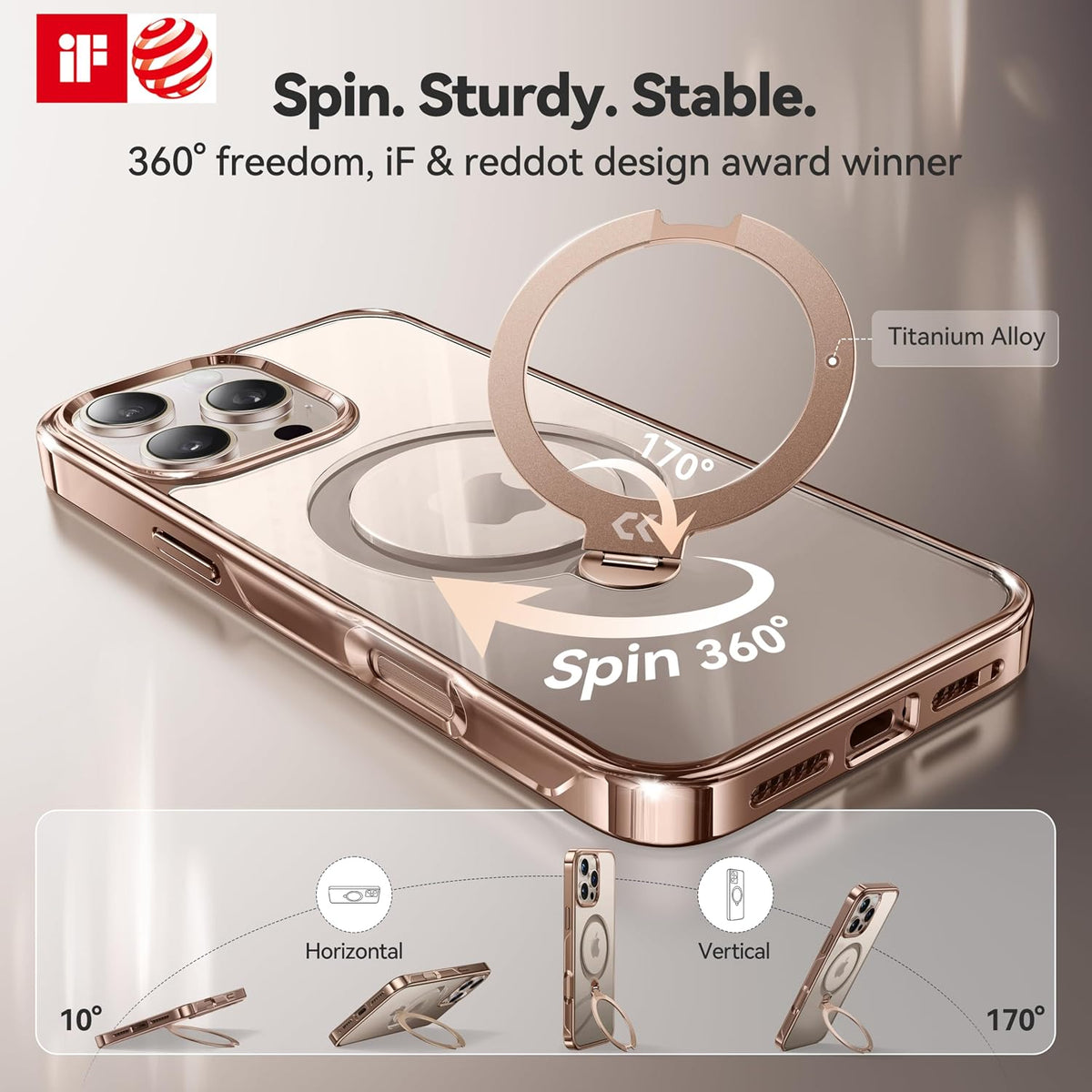 CASEKOO Glitter Clear for iPhone 18 Pro / 17 Pro Case, 360 Spin Stand