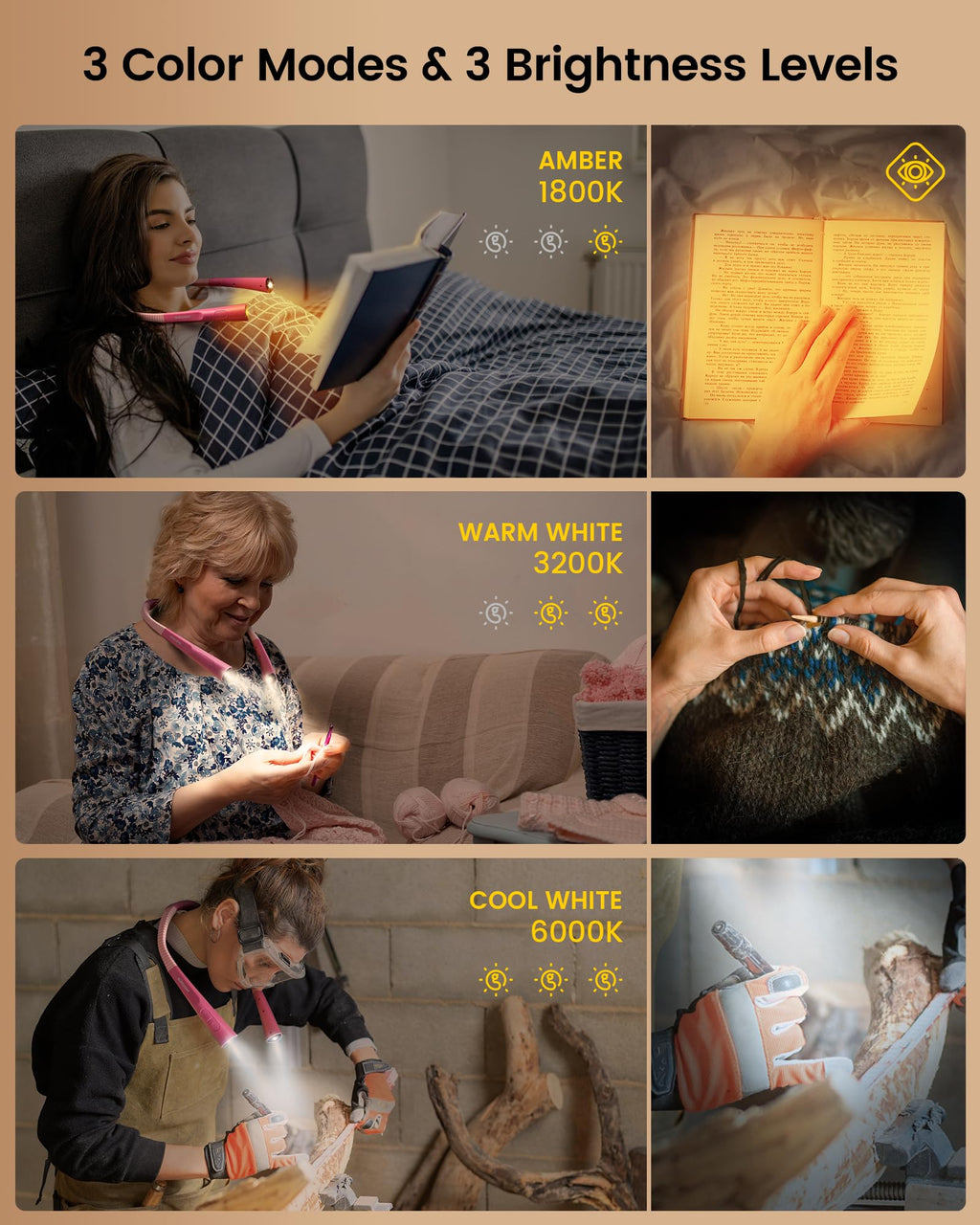 Glocusent Reading Light,Pink Neck Light,80-hr Rechargeable Book Light