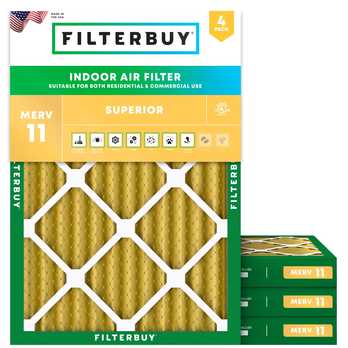 Filterbuy 20x20x1 Air Filter MERV 11 Pet & Allergy Defense (4-Pack)