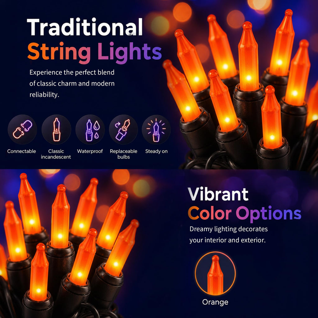 TW SHINE Orange Halloween Lights, 20FT 100 Count Incandescent Mini String Lights, Waterproof Halloween Decorations for Outdoor Indoor Patio Home Party Garden Yard Decor