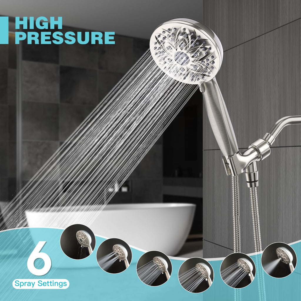 JDO High‑Pressure 6‑Setting Handheld Shower Head, 4.7 Inch Chrome Premium