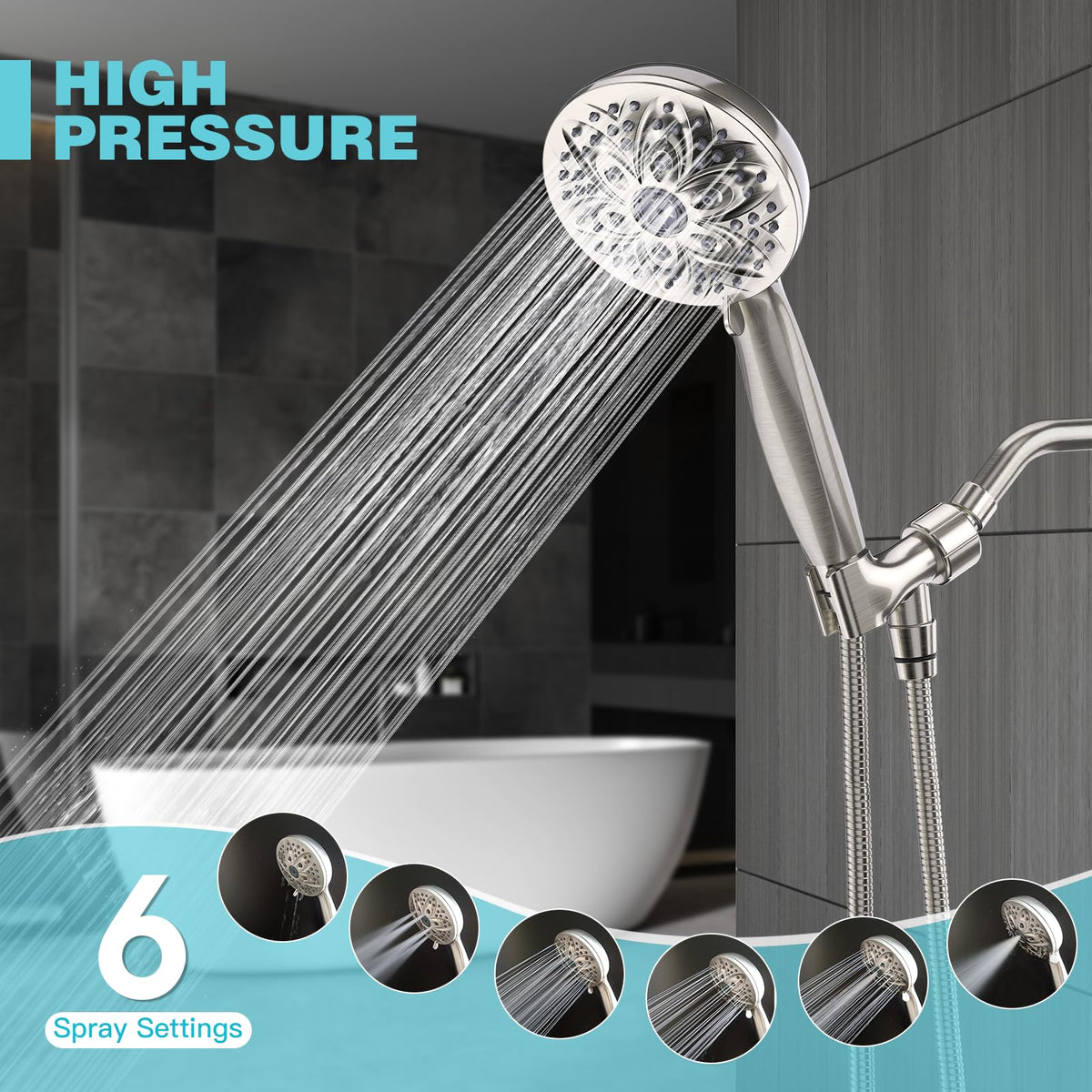 JDO High‑Pressure 6‑Setting Handheld Shower Head, 4.7 Inch Chrome Premium