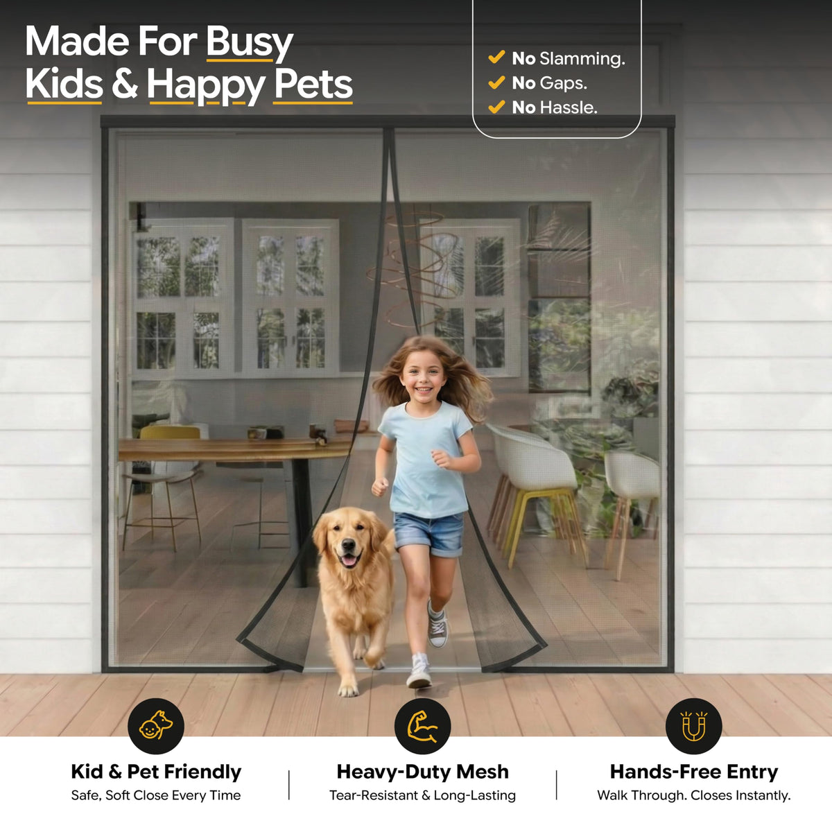 AUGO Magnetic Screen Door - Self Sealing, Heavy Duty, Hands Free Mesh Partition Keeps Bugs Out - Pet and Kid Friendly - Patent Pending Keep Open Feature - 38 Inch x 83 Inch