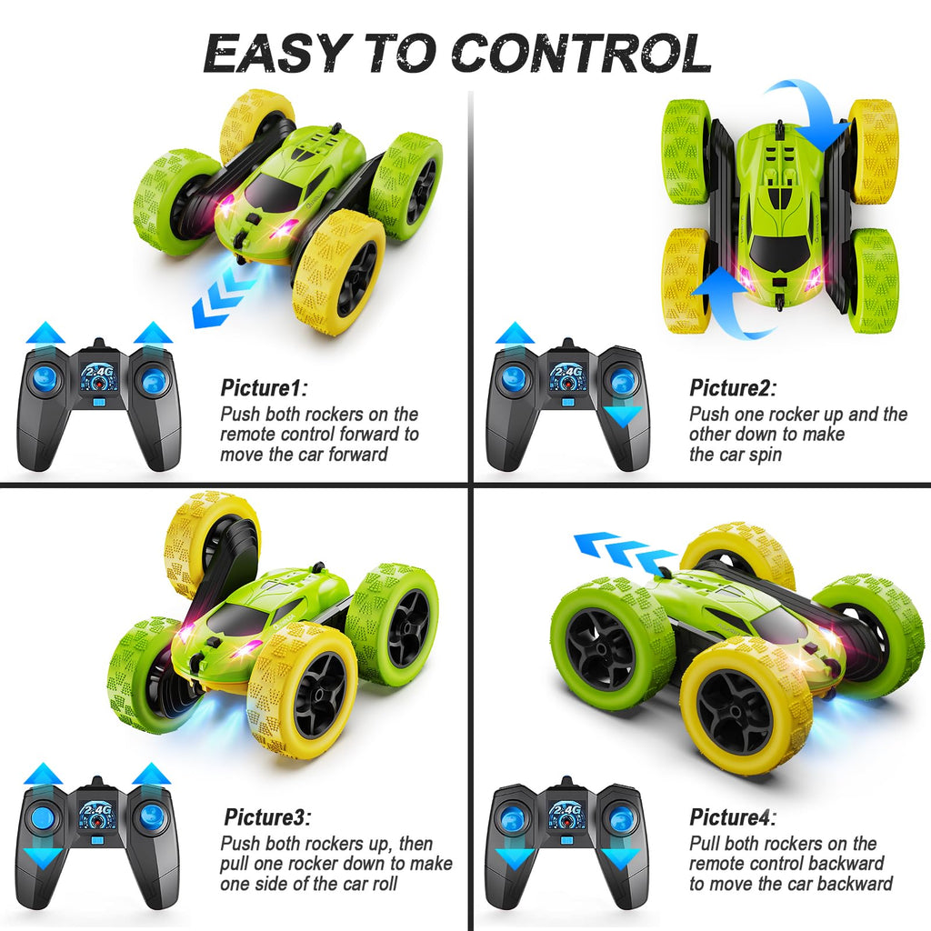 QUNREDA Remote Control Car, RC Cars Toys for Kids Ages 6-12, 4WD Stunt Car with LED Lights & 360° Flips, 2.4GHz, Upgraded USB-C Modular Batteries, 8-10 Year Old Boys Birthday Gift 1-Blue