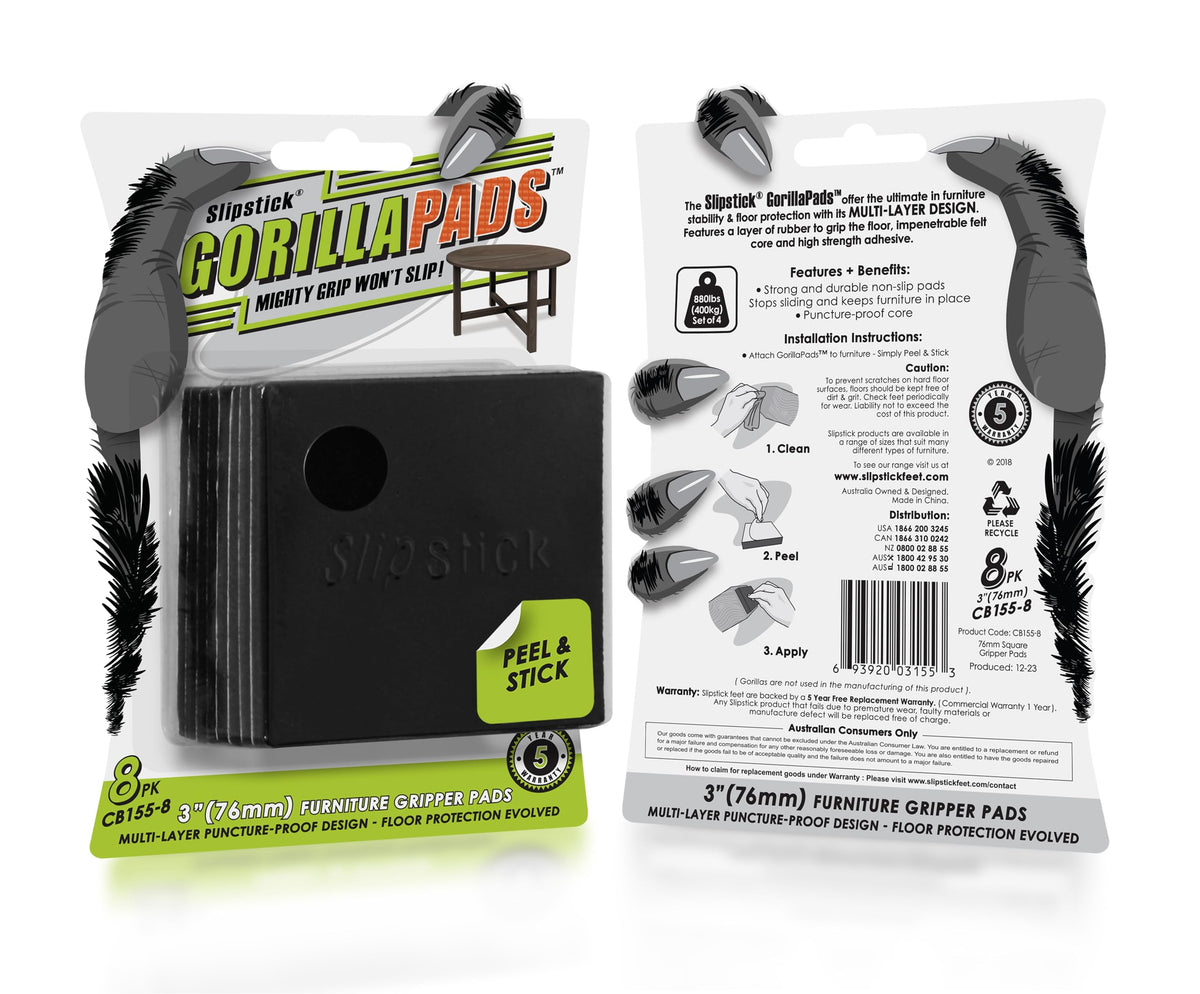 Slipstick GorillaPads CB147 Non Slip Furniture Pads/Gripper Feet (Set of 16) Self Adhesive Rubber Floor Protectors, 1 inch Round, Black