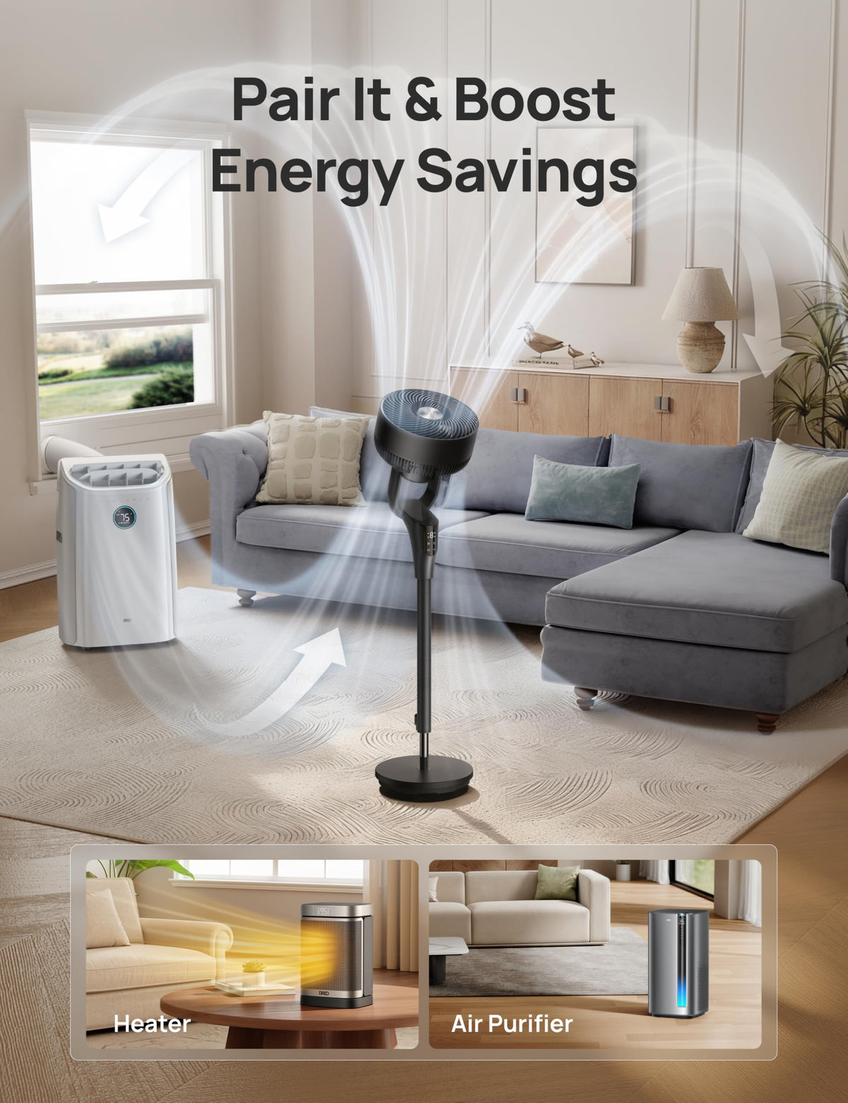 DREO Pedestal Fan for Bedroom, 100ft Airflow, Quiet DC Motor Standing Fan
