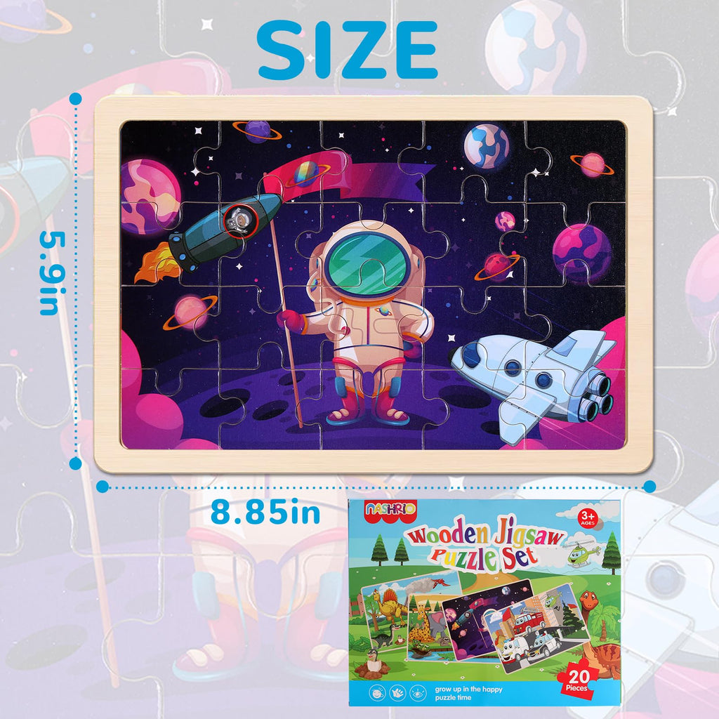 Wooden Educational Jigsaw Puzzles for Preschool Kids Ages 3-5, 4-Pack with 20 Pieces Dinosaur, Space, Transportation Wood Puzzles Set, Kids Brain Teaser Toys, Gifts for Boys Girls Ages 3 4 5 6