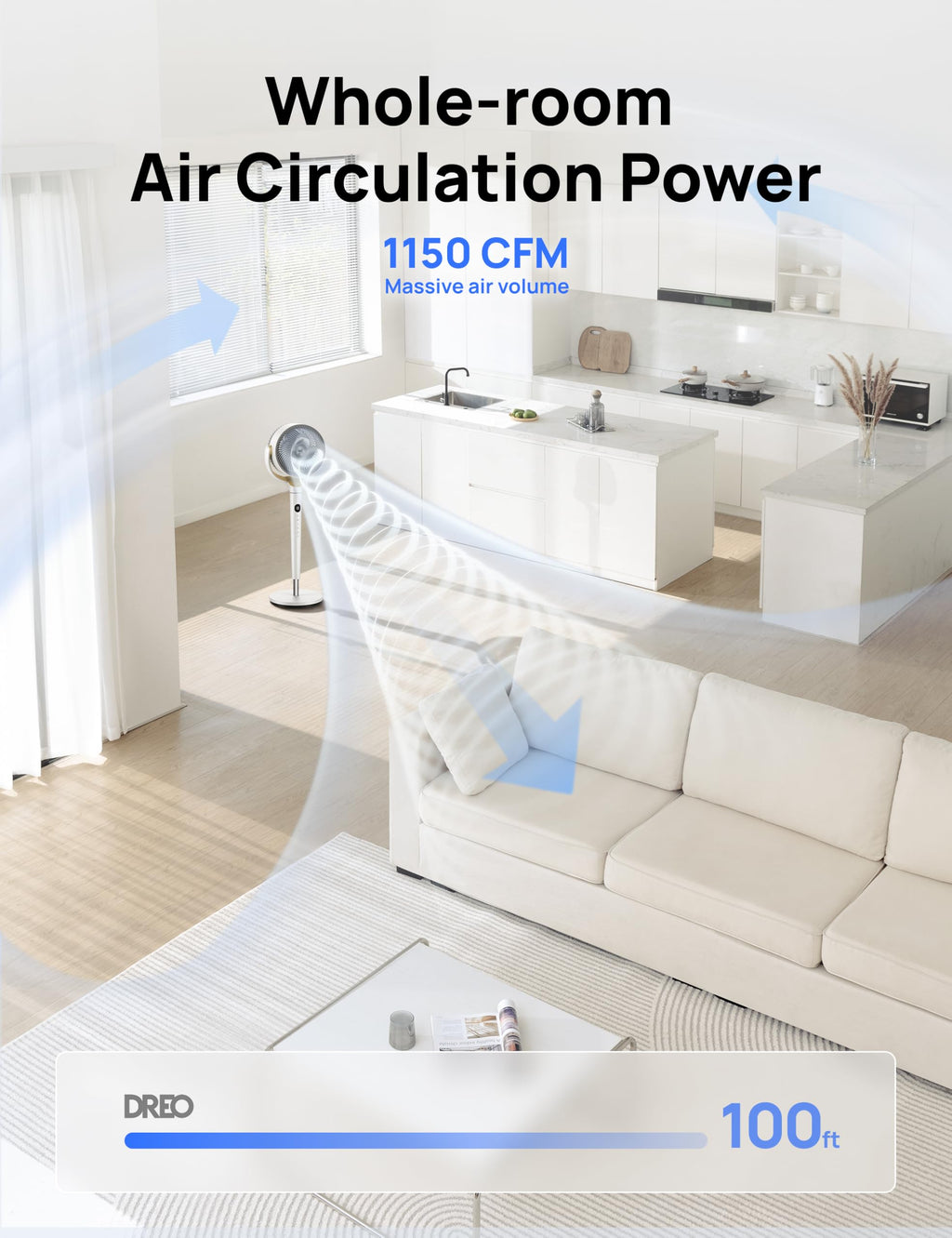 DREO Pedestal Fan for Bedroom, 100ft Airflow, Quiet DC Motor Standing Fan