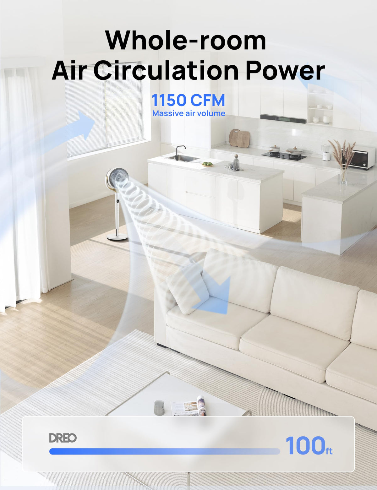 DREO Pedestal Fan for Bedroom, 100ft Airflow, Quiet DC Motor Standing Fan