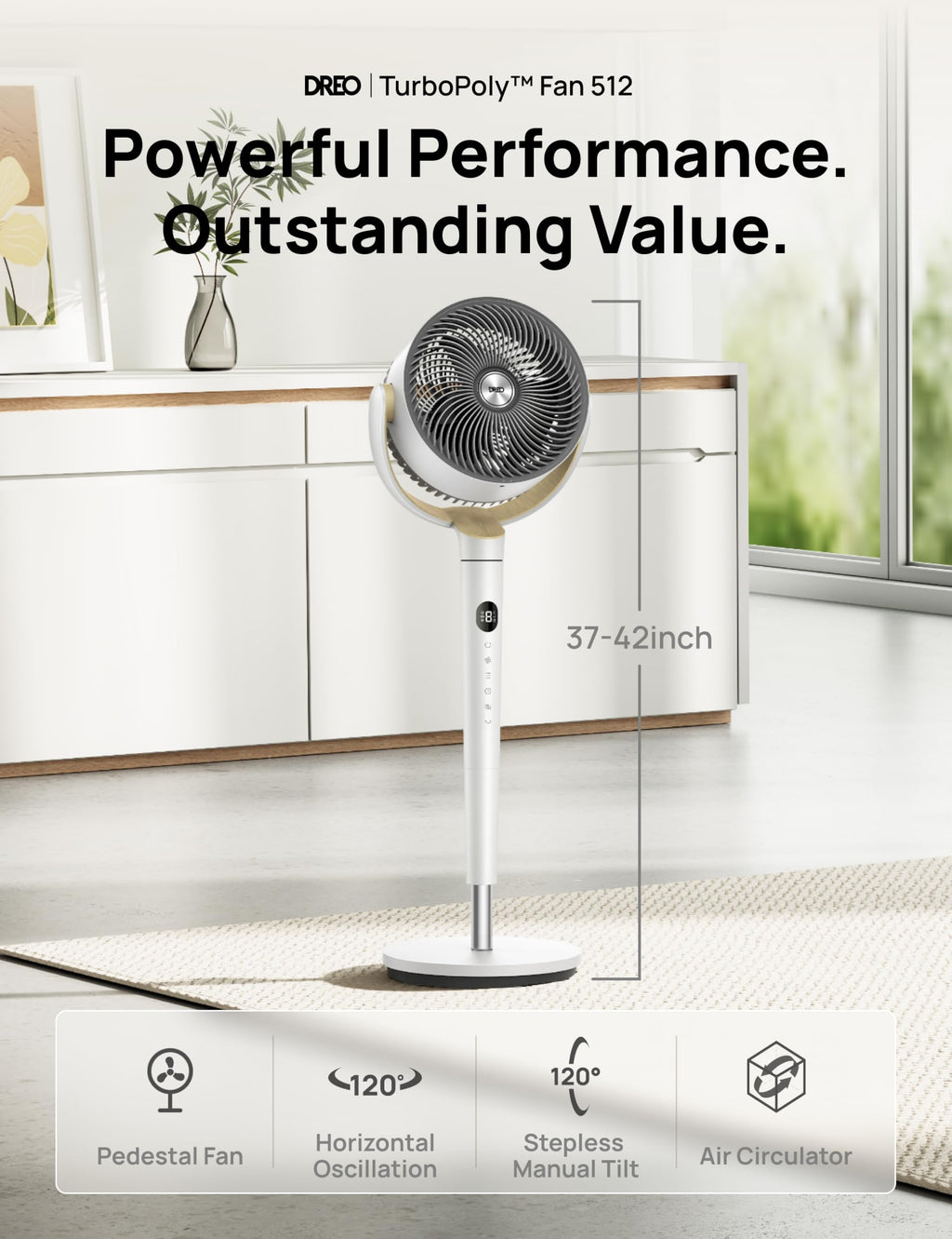 DREO Pedestal Fan for Bedroom, 100ft Airflow, Quiet DC Motor Standing Fan