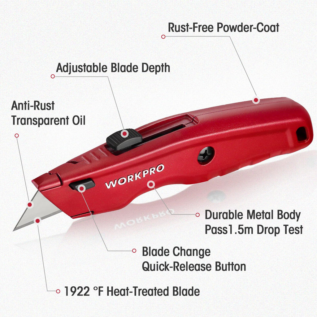 WORKPRO Premium Utility Knife, Retractable All Metal Heavy Duty Box Cutter, Quick Change Blade Razor Knife, with 10 Extra Blades