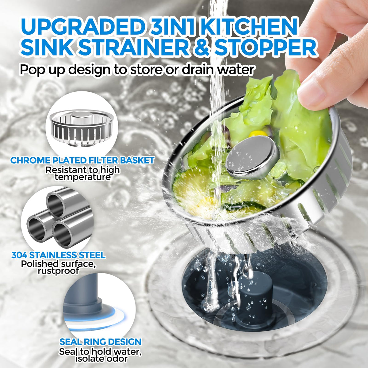 zaa 3 in 1 Kitchen Sink Drain Strainer Stopper Removable Basket Pop-Up