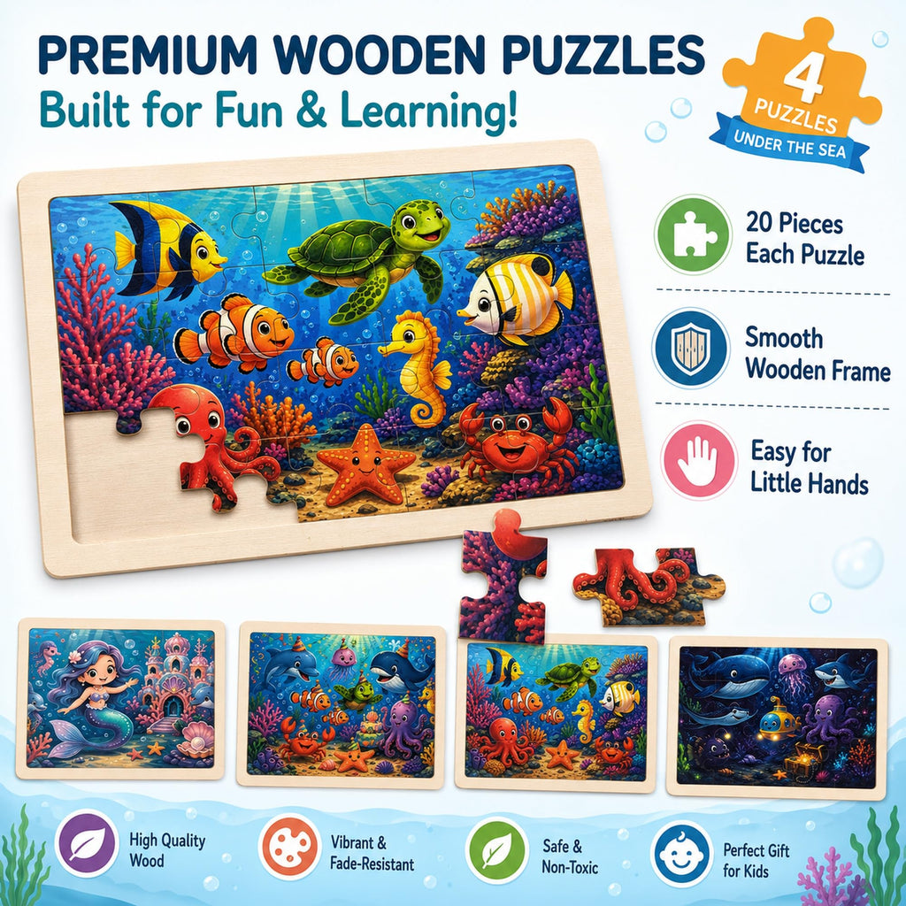 Wooden Educational Jigsaw Puzzles for Preschool Kids Ages 3-5, 4-Pack with 20 Pieces Dinosaur, Space, Transportation Wood Puzzles Set, Kids Brain Teaser Toys, Gifts for Boys Girls Ages 3 4 5 6