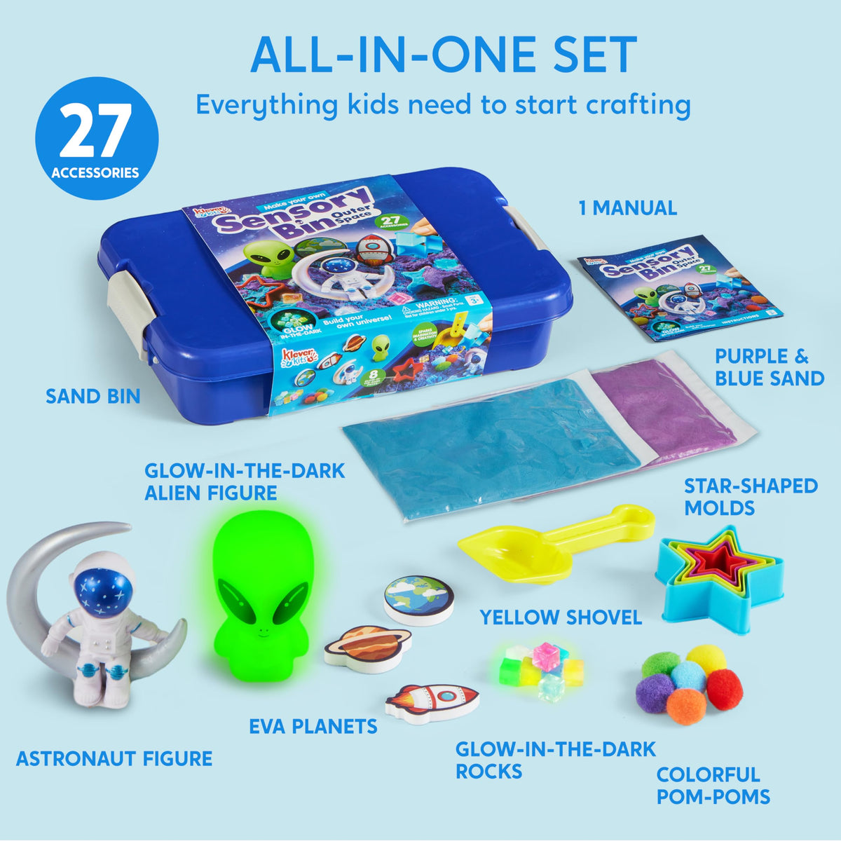 JOVA Klever Kits Construction Sensory Bin for Kids with Glow in The Dark Stones, Sandbox with Lid Castle Building kit, Preschool Learning Activities Gifts for Boys Girls Age 3+