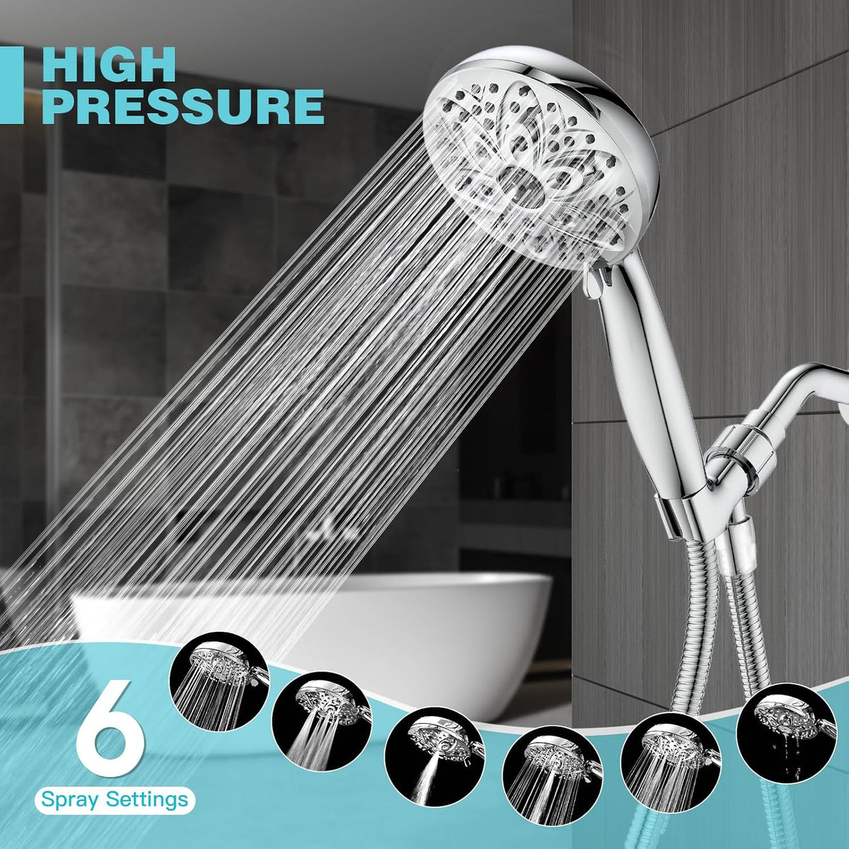 JDO High‑Pressure 6‑Setting Handheld Shower Head, 4.7 Inch Chrome Premium