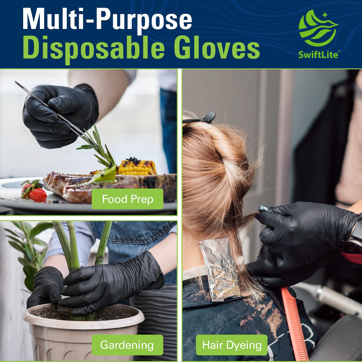 SWIFTLITE Black Nitrile Gloves Disposable Latex Free, Food Safe